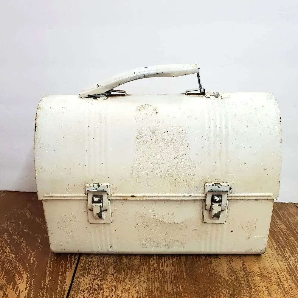 Vintage White Metal Dome Top Lunch Box Industrial Workman Pail Pre-1970 Patina